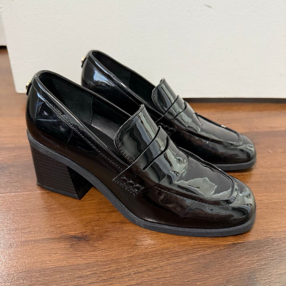 Marc Fisher Kchris Block Heel Patent Loafers Preppy Goth Chic Classic Black Sz 6